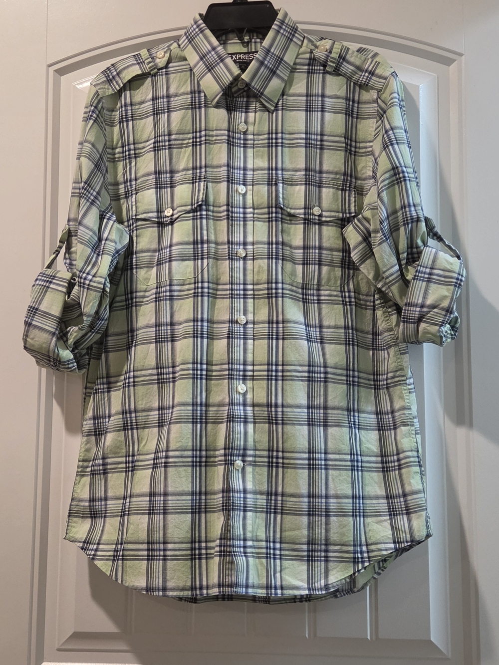 Express Light Green Plaid Button-Down Shirt with Navy Trim